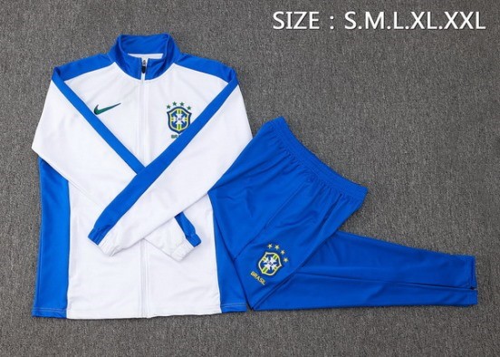 Maillot De Foot Ensemble Complet Ropa Deportiva Con Cremallera Larga Brésil 2024 Blanc Bleu
