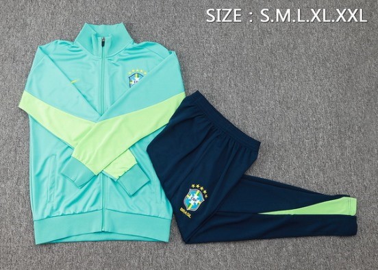 Maillot De Foot Ensemble Complet Ropa Deportiva Con Cremallera Larga Brésil 2024 Vert Bleu