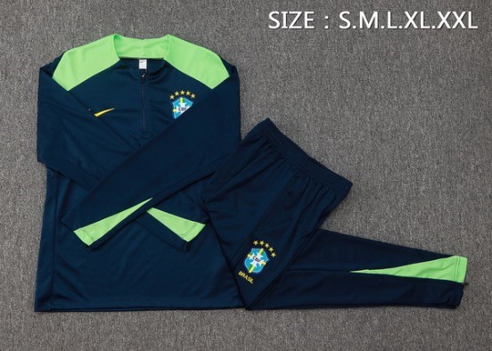 Maillot De Foot Ensemble Complet Sudadera Entrainement Brésil 2024 Bleu Marine I Vert