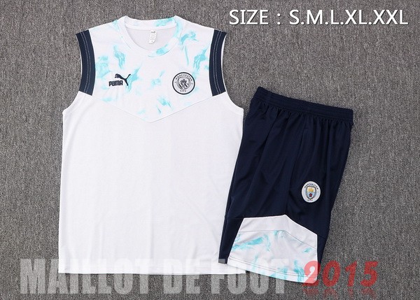 Maillot De Foot Entrainement Sans Manches Ensemble Complet Manchester City 22/23 Blanc Bleu